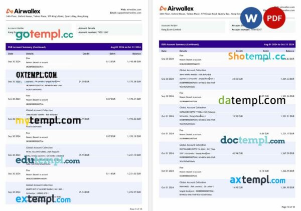 Hong Kong Airwallex Limited account statement Word and PDF template, 18 pages - Image 4