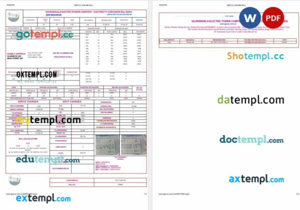 Pakistan Gujanwala electric power company electricity business utility bill Word and PDF formats, 2 pages