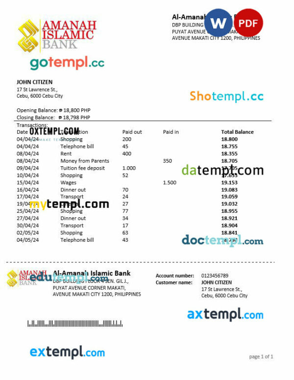 Philippines Al-Amanah Islamic Investment Bank statement Word and PDF template