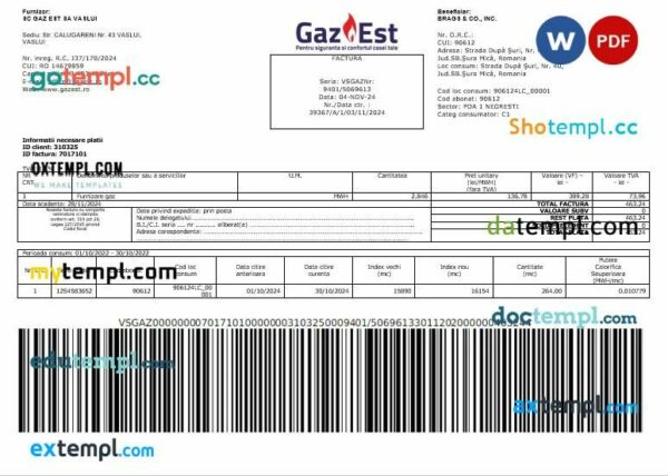 Romania Gaz Est business utility bill Word and PDF template