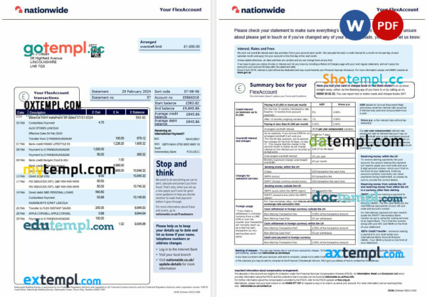 United Kingdom Nationwide bank statement current version template, 2 pages