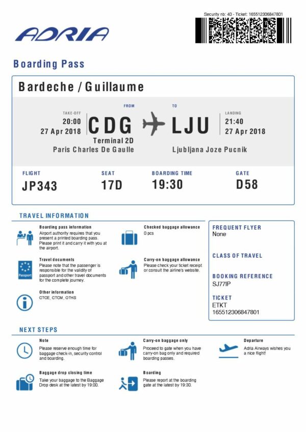 Adria boarding pass in Word and PDF formats