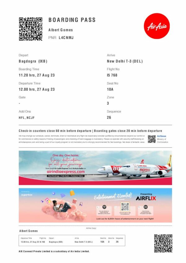 Air Asia boarding pass in Word and PDF formats