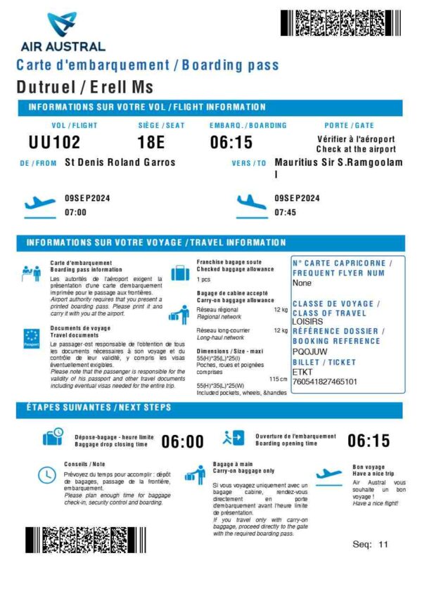 Air Austral boarding pass in Word and PDF formats