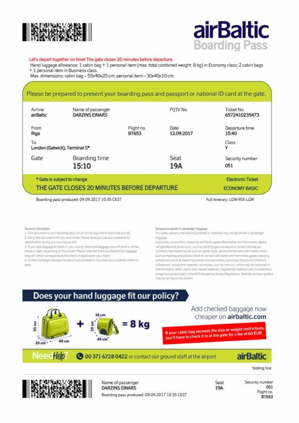 Air Baltic boarding pass in Word and PDF formats, version 1