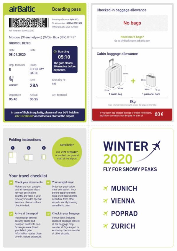 Air Baltic boarding pass in Word and PDF formats, version 2