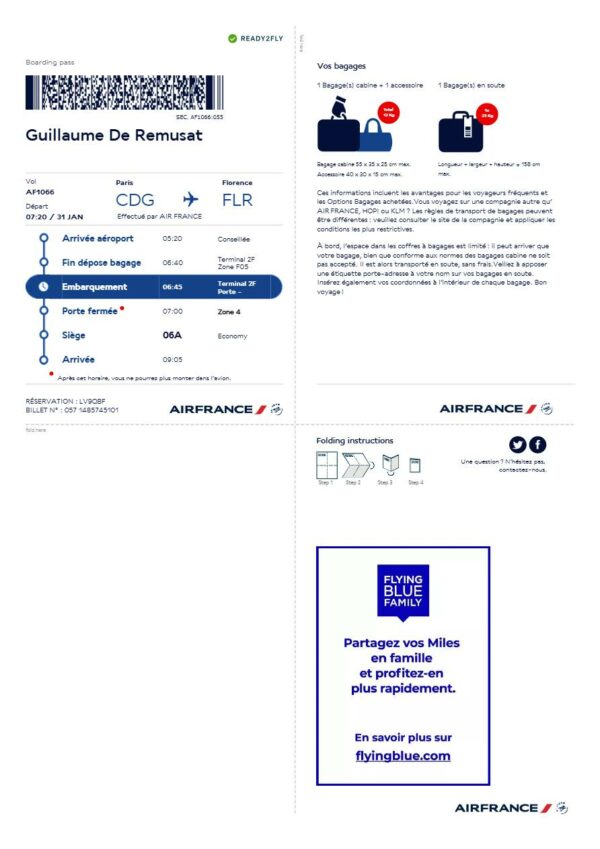 Air France boarding pass in Word and PDF formats