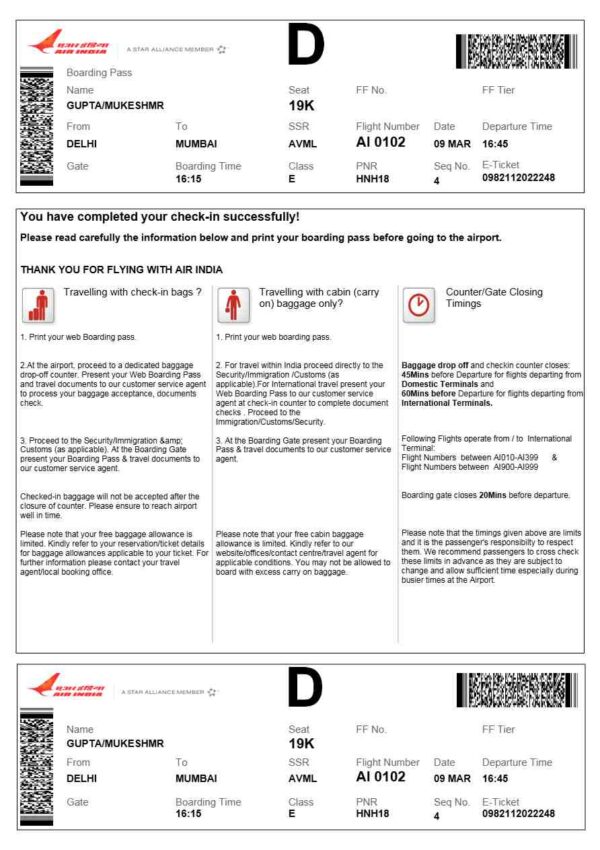 Air India boarding pass in Word and PDF formats, version 1