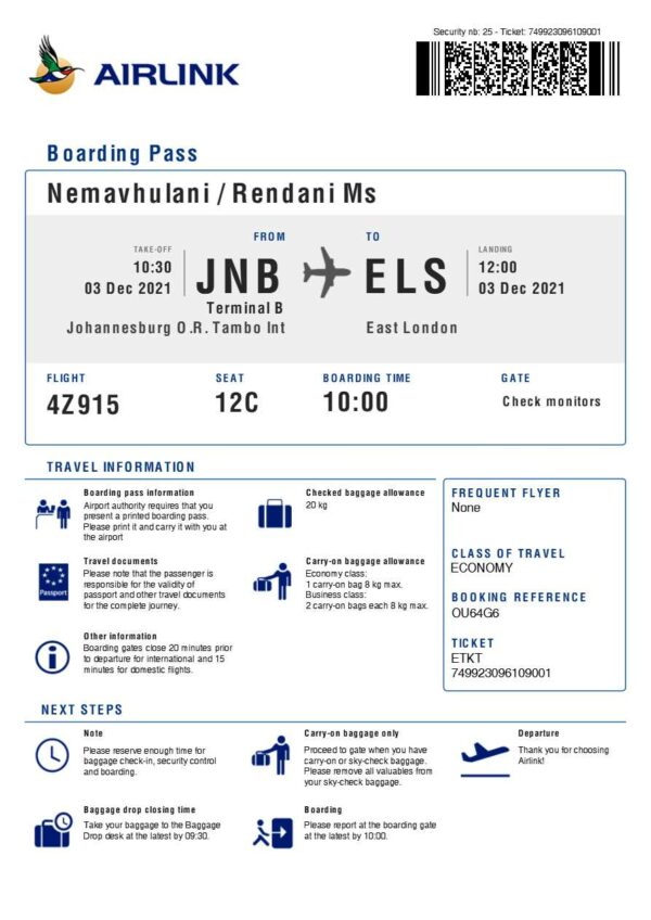 Airlink boarding pass in Word and PDF formats