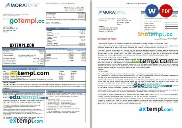 Andorra MoraBank bank mortgage statement, 3 pages, editable template in PDF and Word