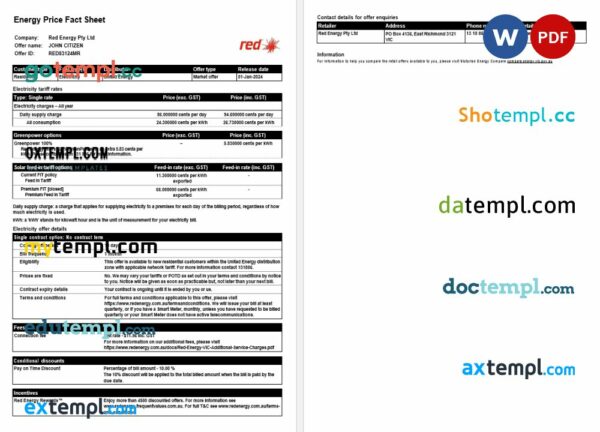 Australia Red Energy utility bill Word and PDF template, 2 pages