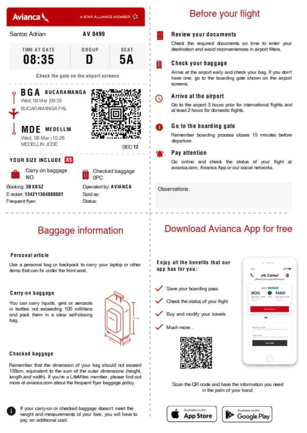 Avianca boarding pass in Word and PDF formats, version 2