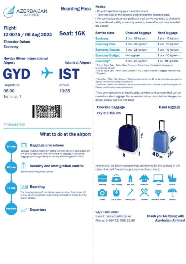 Azerbaijan Airlines boarding pass in Word and PDF formats