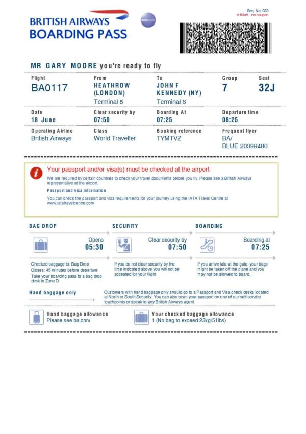 British Airways boarding pass in Word and PDF formats