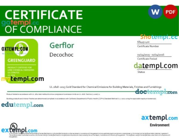 California Greenguard product certificate editable template in Word and PDF