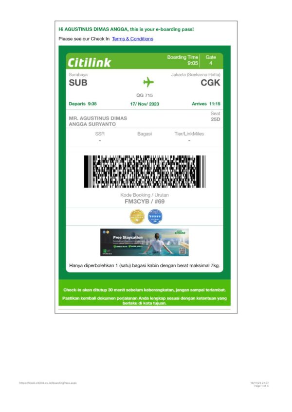 Citilink boarding pass in Word and PDF formats, version 1