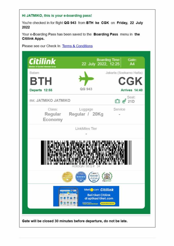 Citilink e-boarding pass in Word and PDF formats