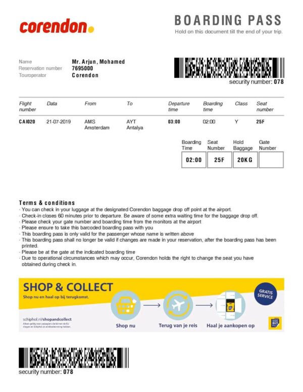 Corendon boarding pass in Word and PDF formats