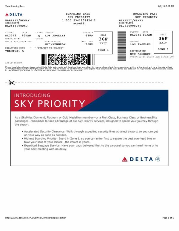 Delta boarding pass in Word and PDF formats