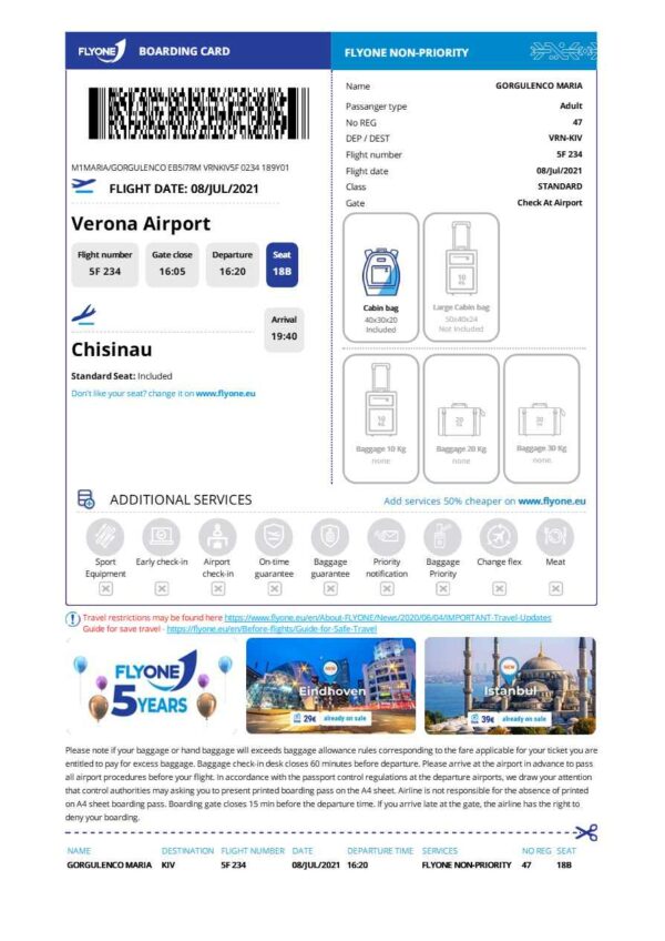 Fly One boarding pass in Word and PDF formats