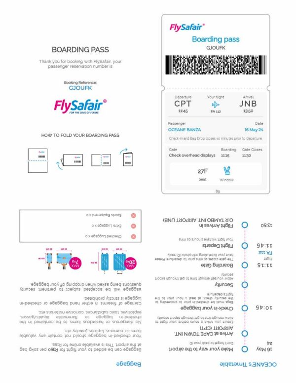 FlySafair boarding pass in Word and PDF formats