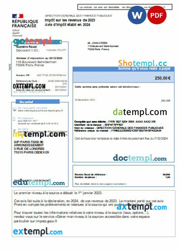 France Income Tax Notice (Avis D'Impôt Sur Les Revenus) 2023 2024 editable Word and PDF template