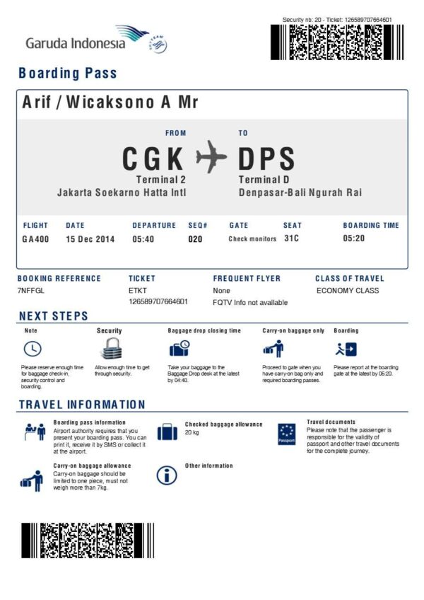 Garuda Indonesia boarding pass in Word and PDF formats