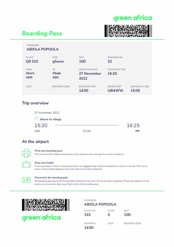 Green Africa boarding pass in Word and PDF formats