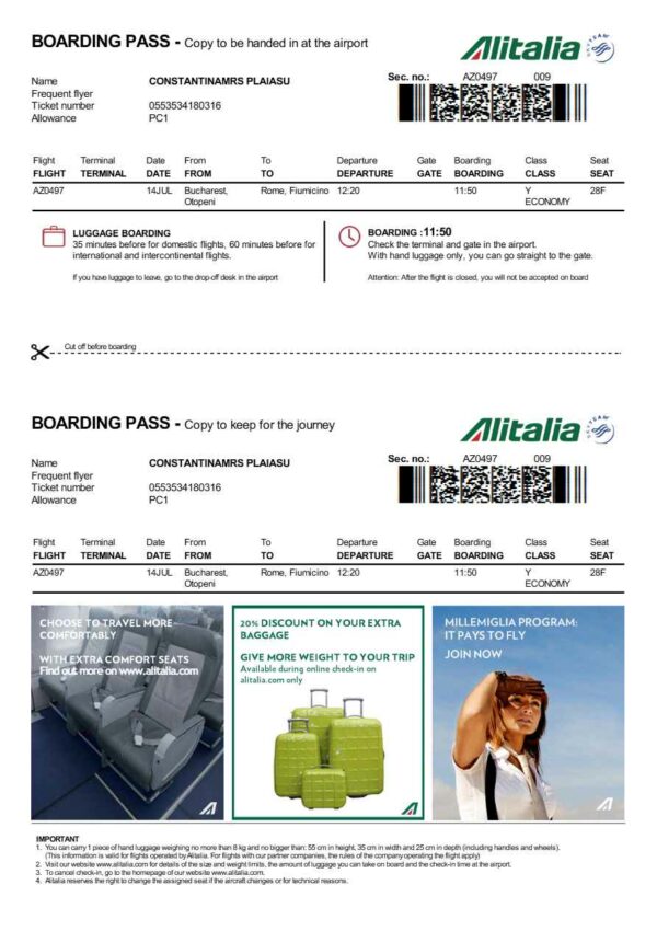 ITA Airways boarding pass in Word and PDF formats, version 1