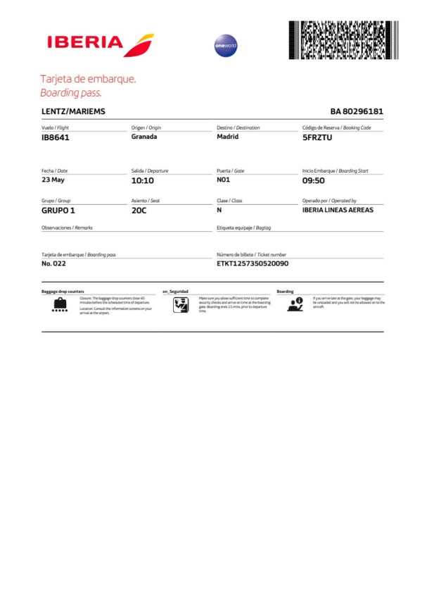 Iberia boarding pass in Word and PDF formats