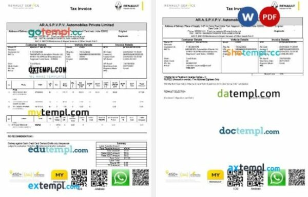 India ARASPVPV Automobiles Renault tax invoice editable template in Word and PDF formats