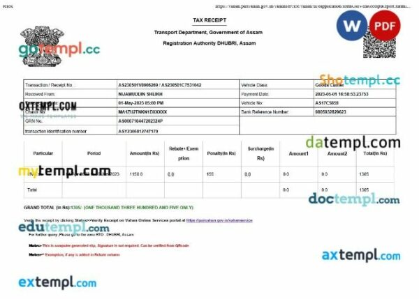 India Assam Transport Department tax receipt editable template in Word and PDF formats