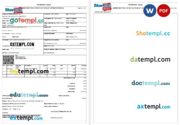 India Haryana Stanvac Prime tax invoice export editable template in Word and PDF formats