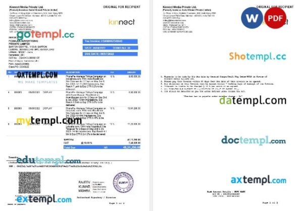 India Maharashtra Kinnect Media tax invoice editable template in Word and PDF formats