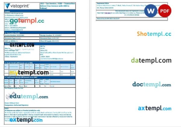 India Maharashtra Vistaprint tax invoices editable template in Word and PDF formats