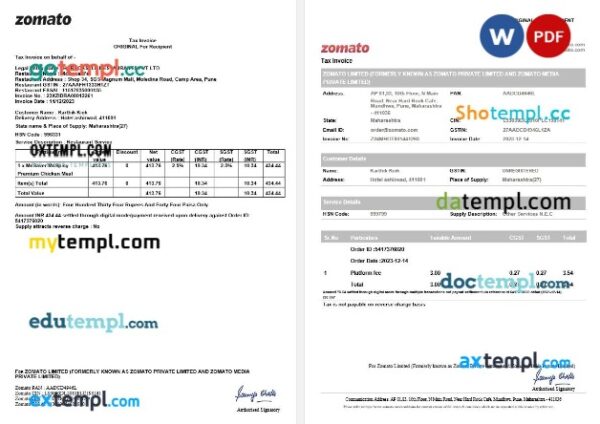 India Maharashtra Zomato tax invoice editable template in Word and PDF formats