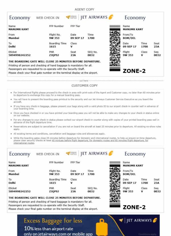 Jet Airways boarding pass in Word and PDF formats