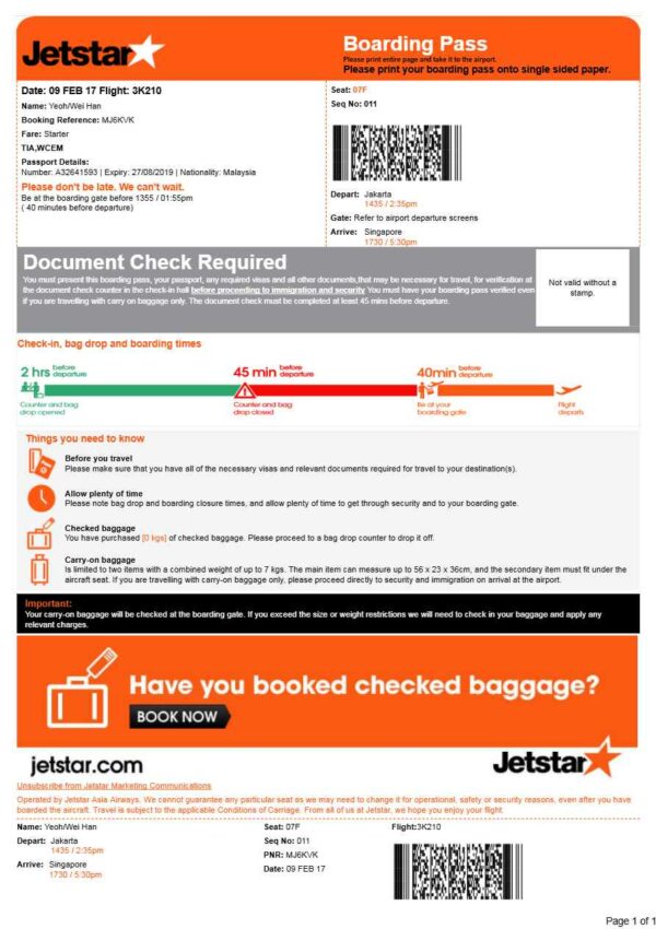 Jetstar boarding pass in Word and PDF formats