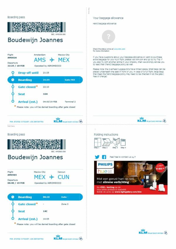 KLM Royal Dutch airlines boarding pass in Word and PDF formats, version 2