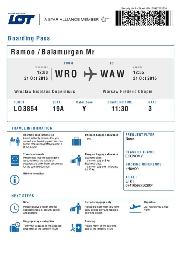 LOT Polish Airlines boarding pass in Word and PDF formats