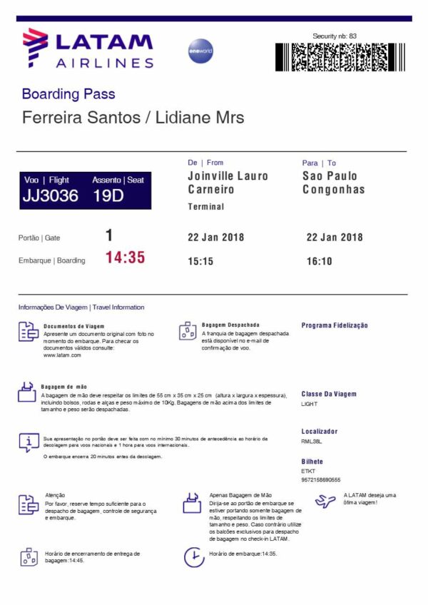 Latam Airlines boarding pass in Word and PDF formats