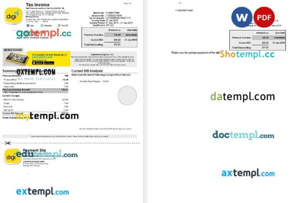 Malaysia Digi telecommunication tax bill editable template in Word and PDF formats