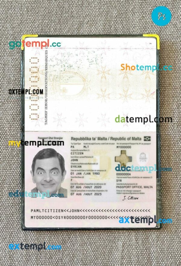 Malta passport PSD files, editable scan and photo-realistic look sample, 2 in 1, 2020 - present