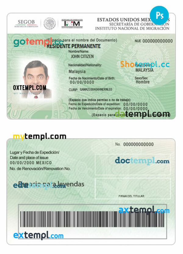 Mexico green card (residence permit) PSD template