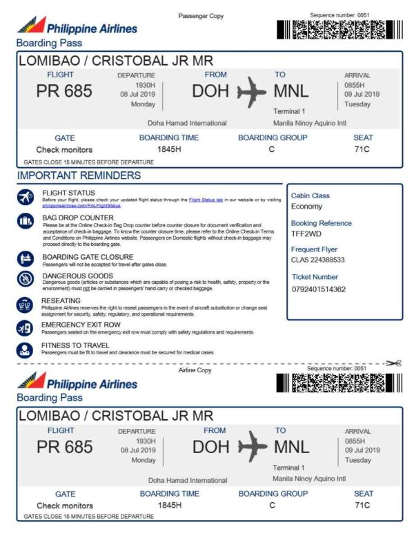 Philippine Airlines boarding pass in Word and PDF formats