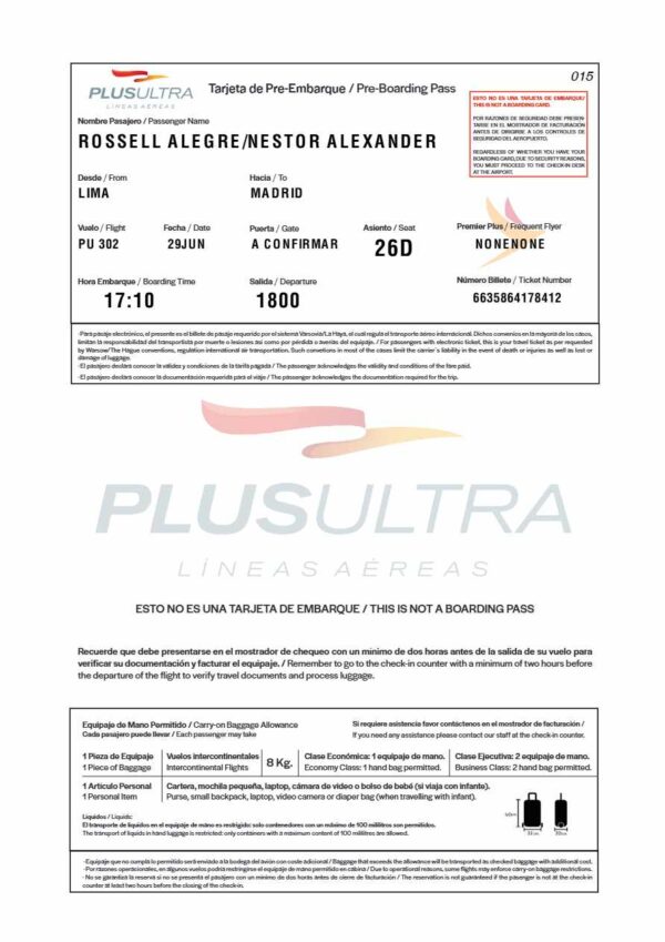 Plus Ultra Líneas Aéreas Air boarding pass in Word and PDF formats