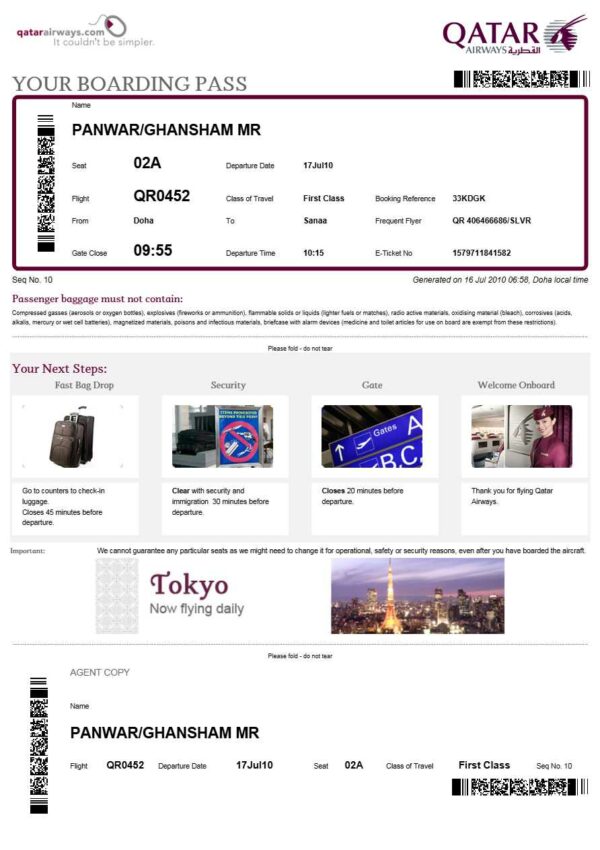 Qatar Airways boarding pass in Word and PDF formats