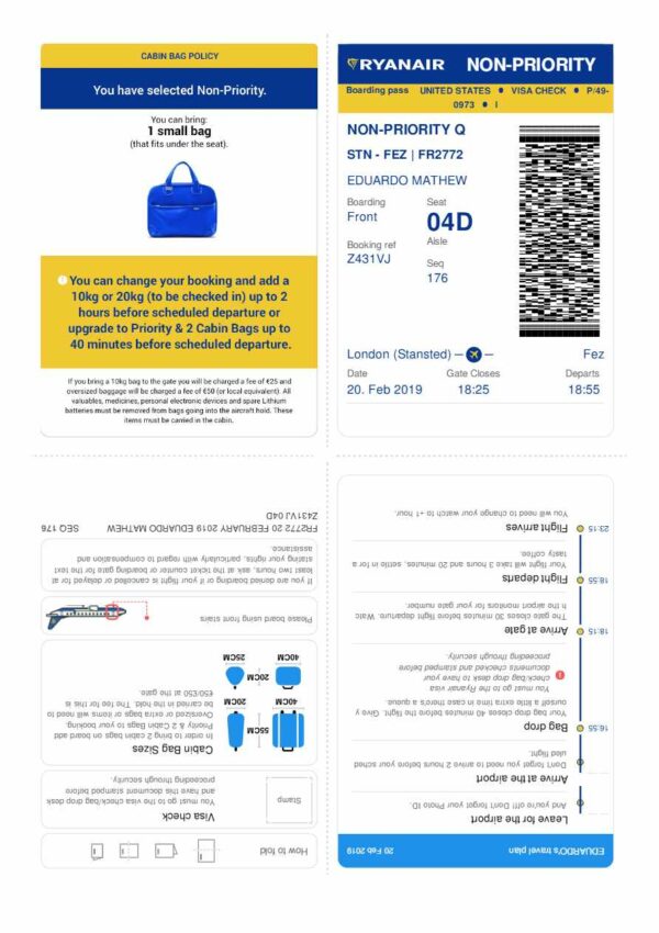 Ryanair boarding pass in Word and PDF formats, version 2