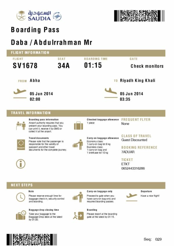 Saudia boarding pass in Word and PDF formats, version 1