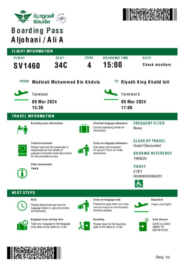 Saudia boarding pass in Word and PDF formats, version 2